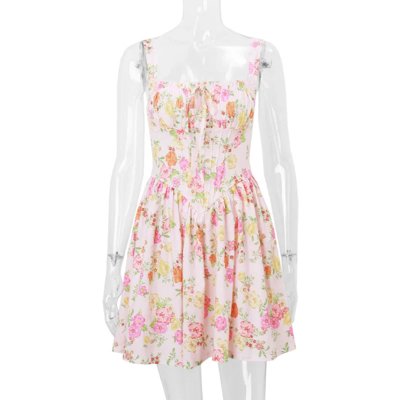 Floral Print Open Back Corset A Line Mini Dress
