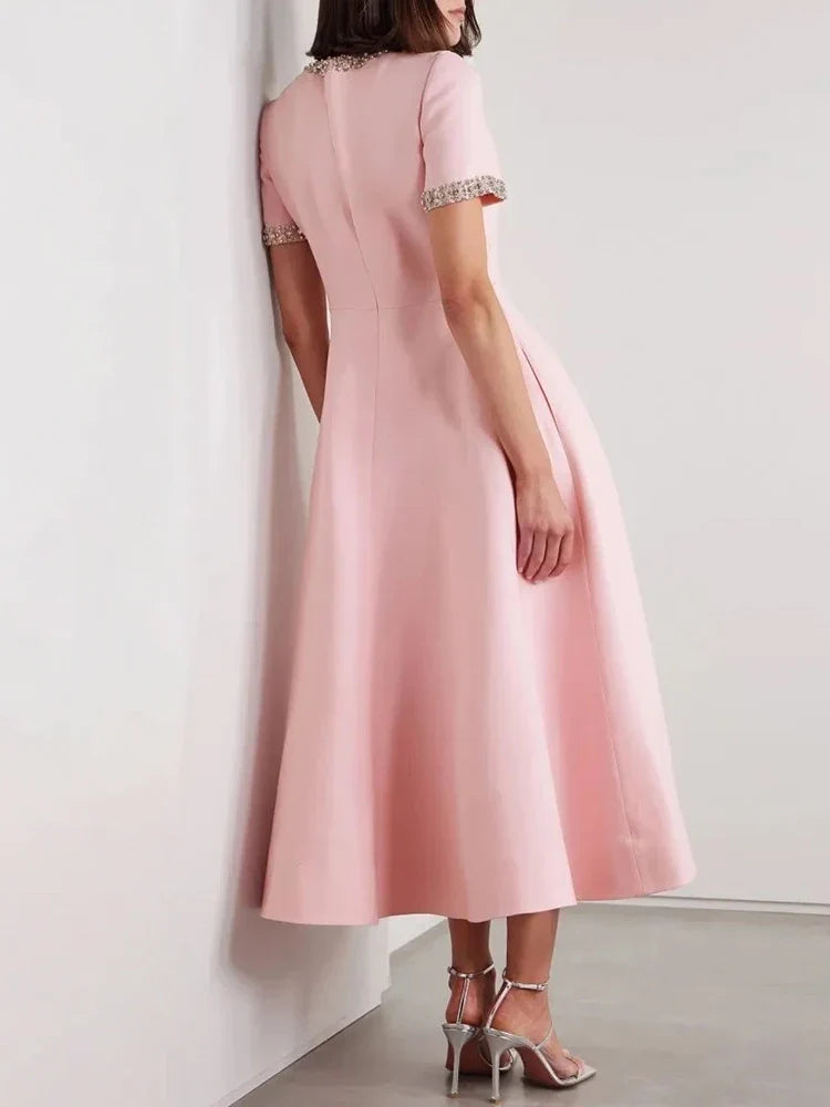 Diamond Bowknot Short Sleeve Midi Dress