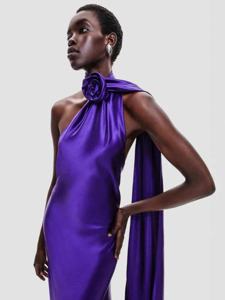 Purple Satin Halter Neck 3D Flower Maxi Dress