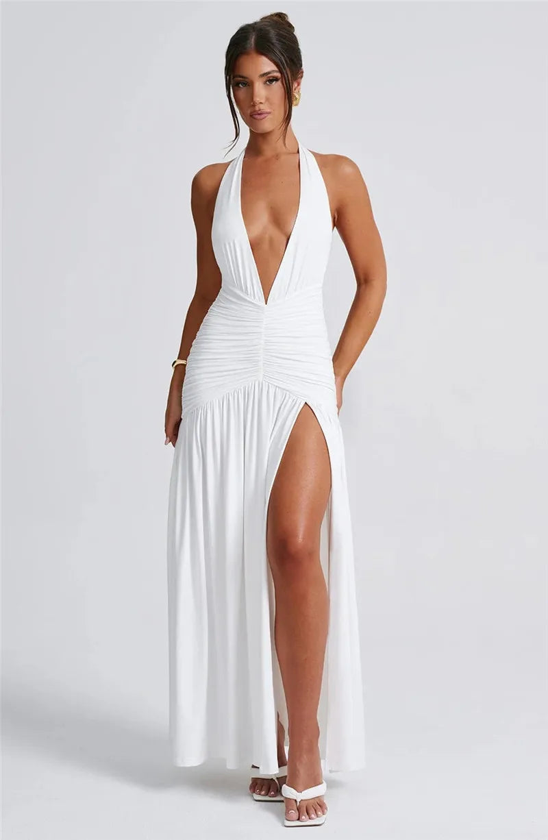 Open Back Solid Thigh High Split Party Dress