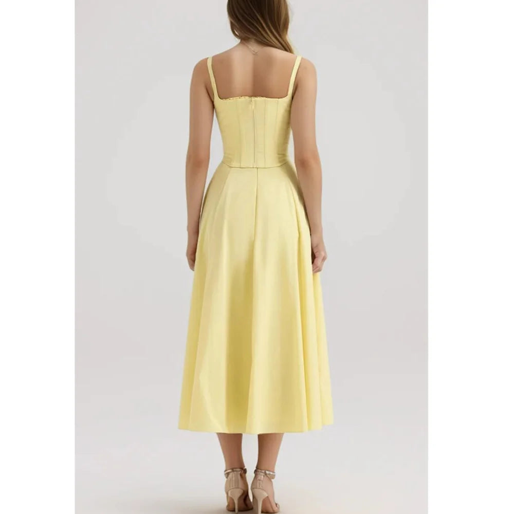 Yellow Slit Cross Laced Top Midi Dress