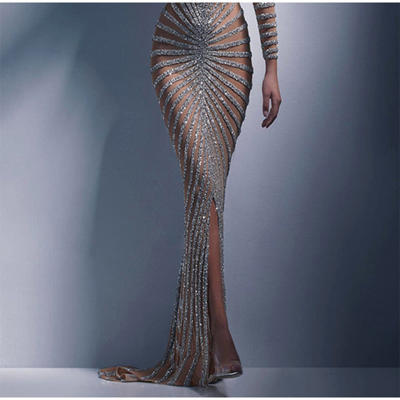 Mesh Sequin Split Fishtail V-Neck Maxi Dress
