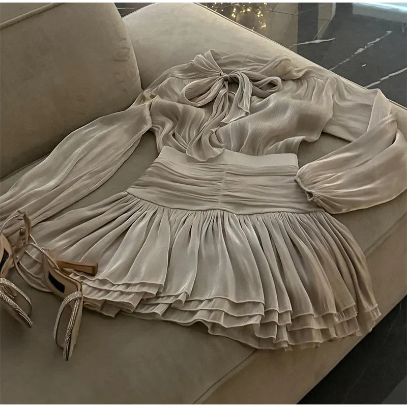 Lantern Sleeve Blouse Pleated Skirt Suit Mini Dress