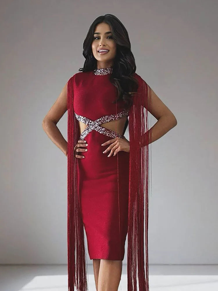 Fringe Tassel Sequin Party Midi Dress