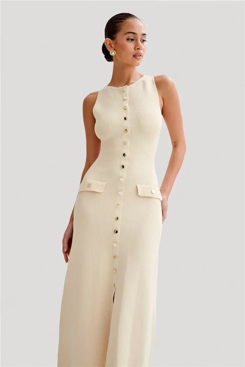 Knit Maxi Dress with Pockets Button Front