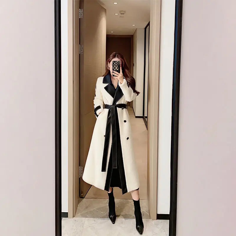 Contrast Patchwork Overcoat with Belt Party Dress