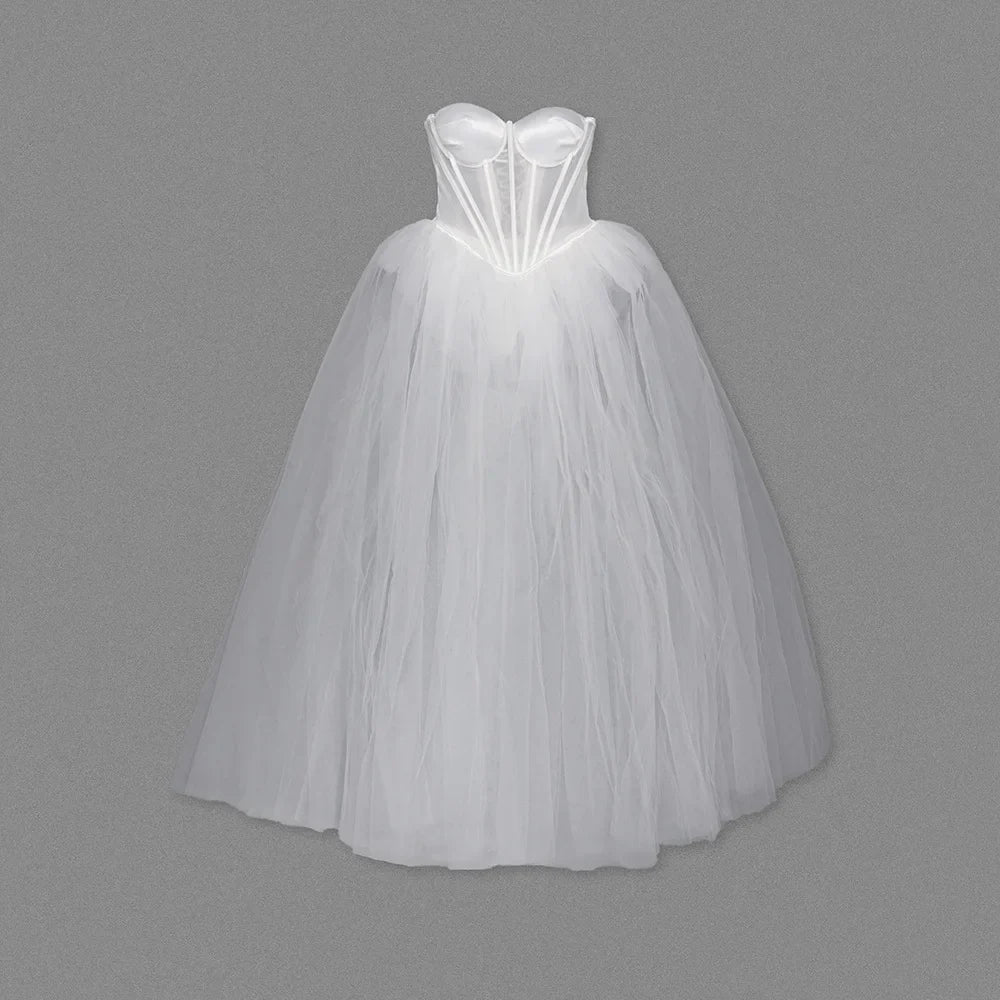Strapless Mesh White A-Line Maxi Party Dress