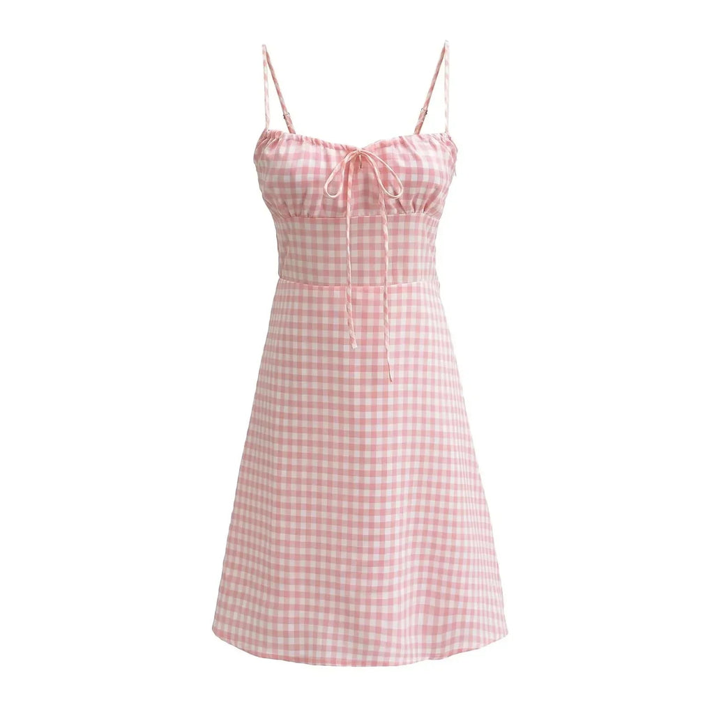 Spaghetti Strap Plaid Pink Midi Dress