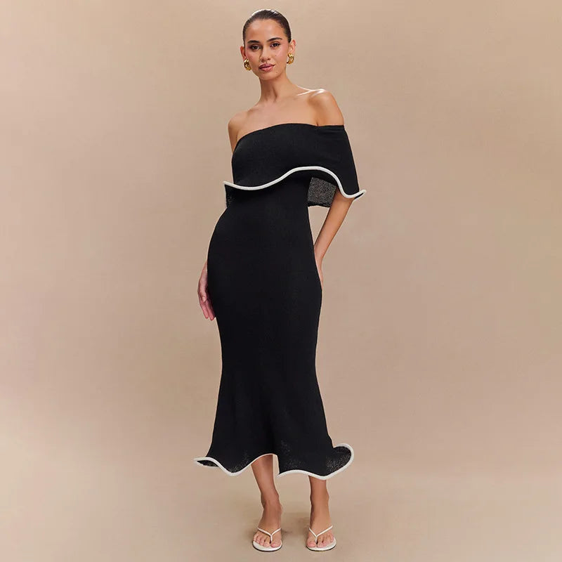 Strapless Ruffled Black Party Midi Dress