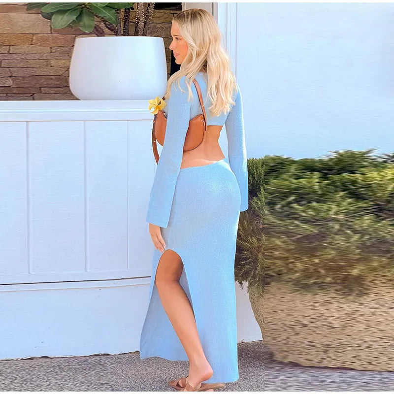 Knitted Hollow O Neck Slit Maxi Dress