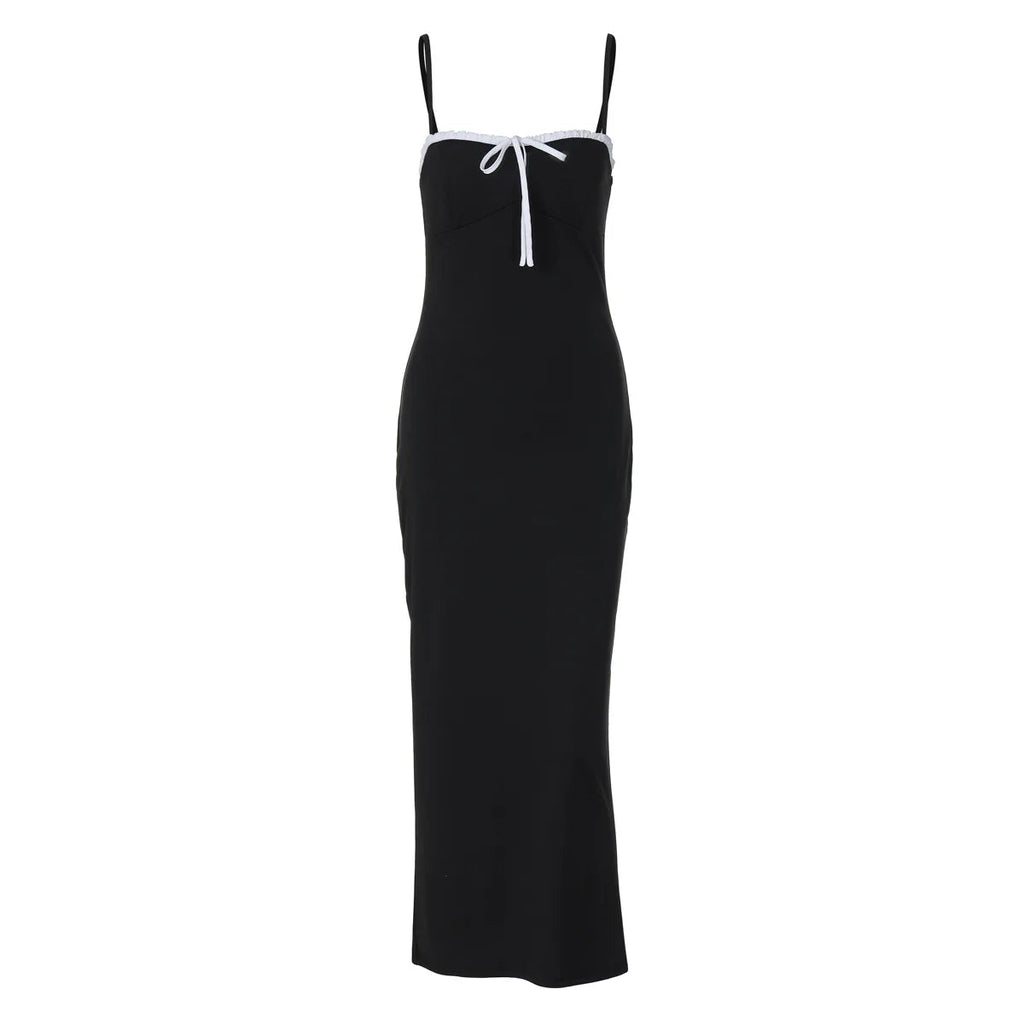Open Back Lace Patchwork Black Strap Maxi Dress