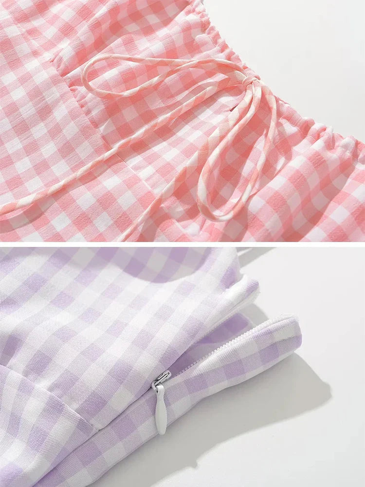 Spaghetti Strap Plaid Pink Midi Dress