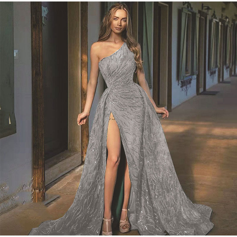 Sequin Off Shoulder High Split Maxi Dress
