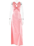 V-Neck Sleeveless Satin Bow Backless Maxi Dress