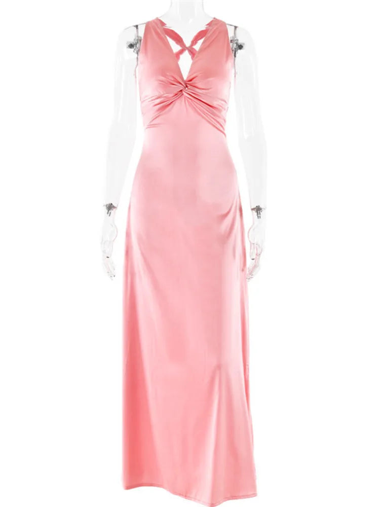 V-Neck Sleeveless Satin Bow Backless Maxi Dress