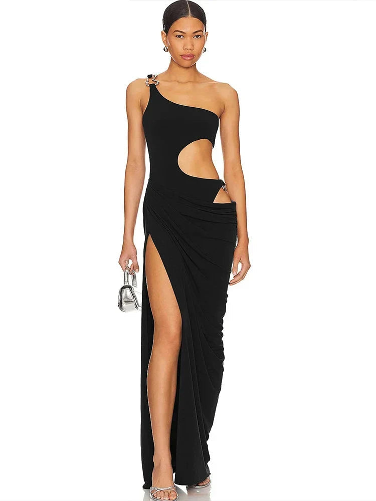 Irregular Hollow Split One Shoulder Party Dress