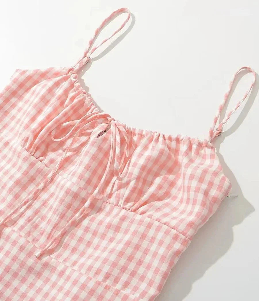 Spaghetti Strap Plaid Pink Midi Dress