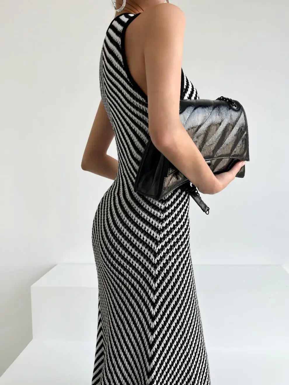 Striped Ribbed Casual Midi Dress