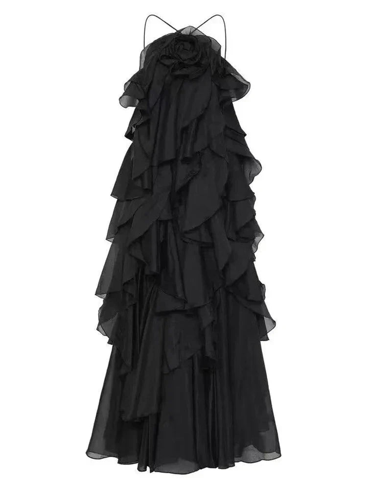 Halter 3D Flower Flounce Loose Maxi Party Dress