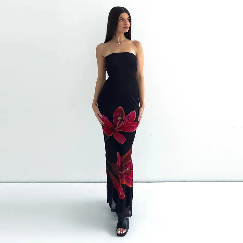Black Tube Flower Back Tie Maxi Dress