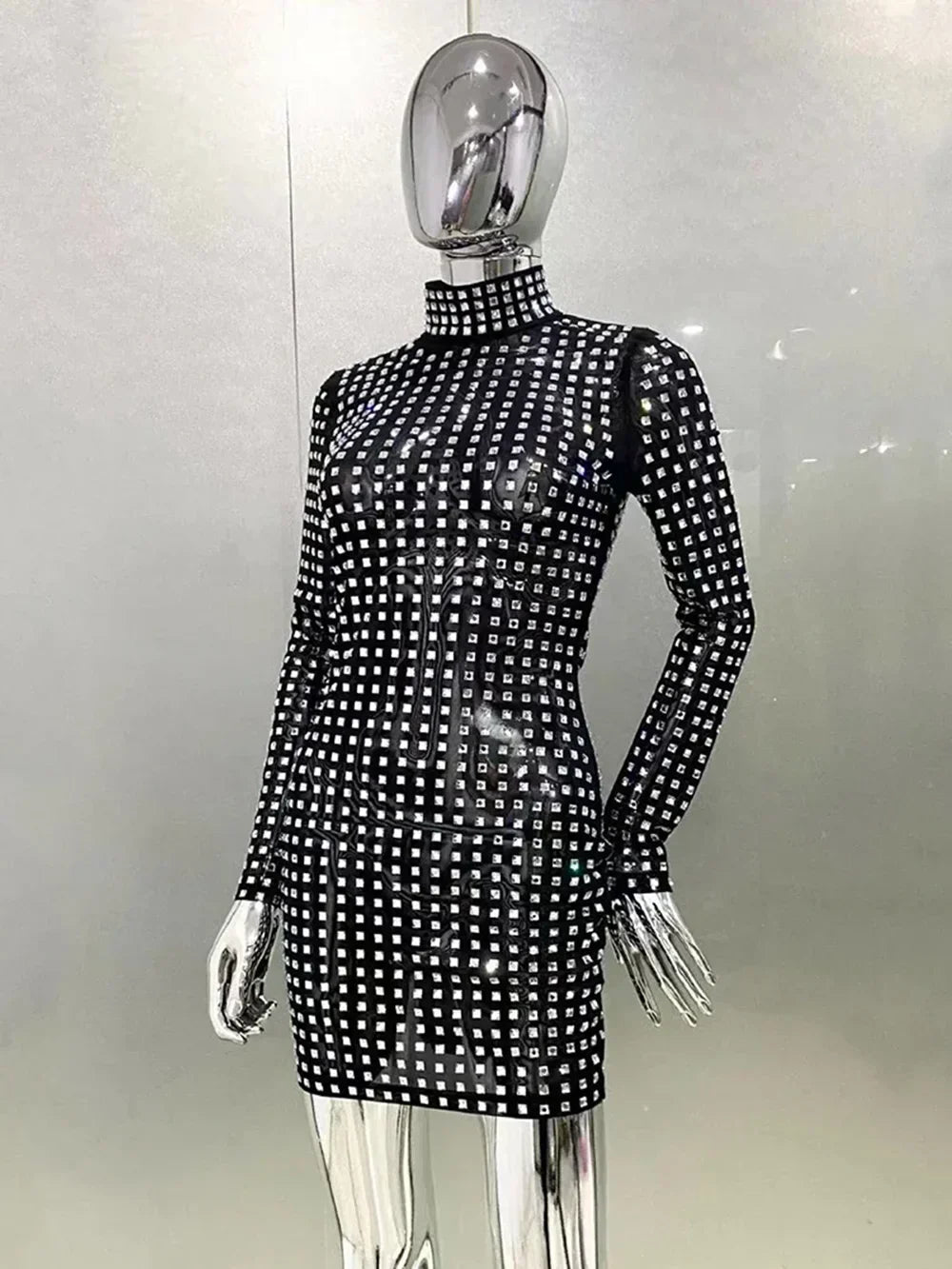 Diamond Crystal Long Sleeve Glam Mini Dress
