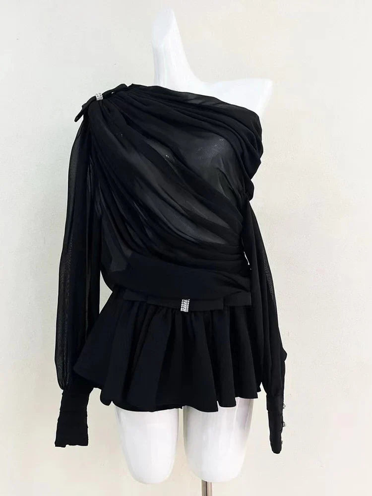 Skew Collar Lantern Sleeve Bowknot Suit Mini Dress