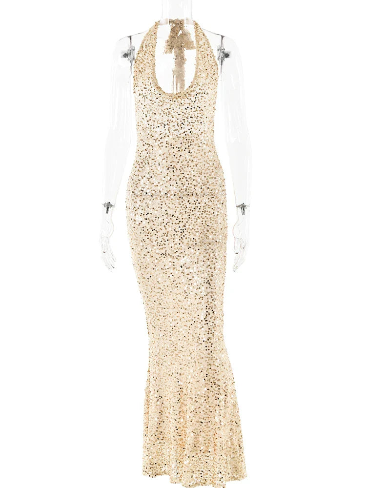 Open Back Sequins Halter Maxi Dress