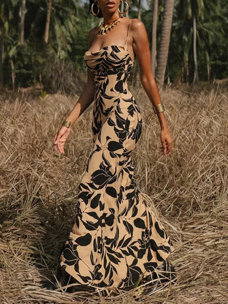 Leopard Print Bodycon Spaghetti Strap Backless Maxi Dress