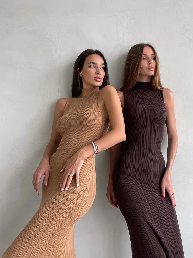 Sleeveless Turtleneck Casual Maxi Dress