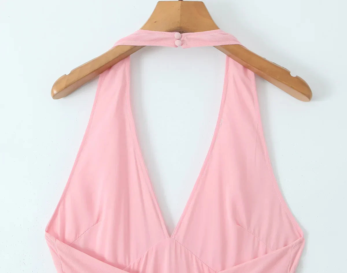 Pink Deep V Halter Sling Midi Dress