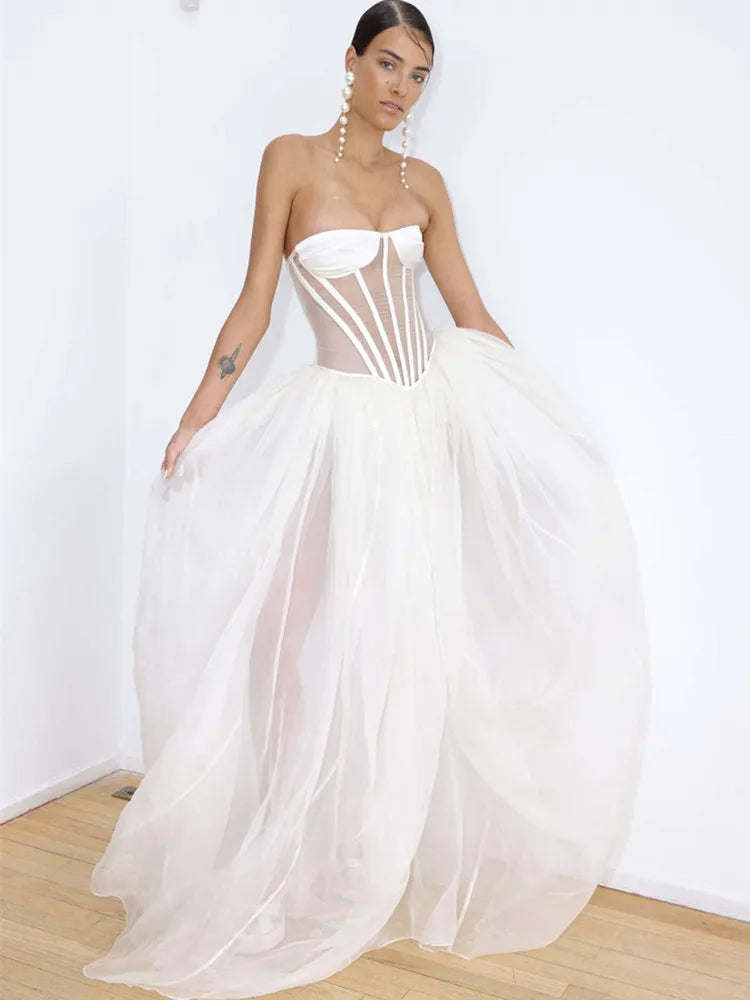 Strapless Mesh White A-Line Maxi Party Dress