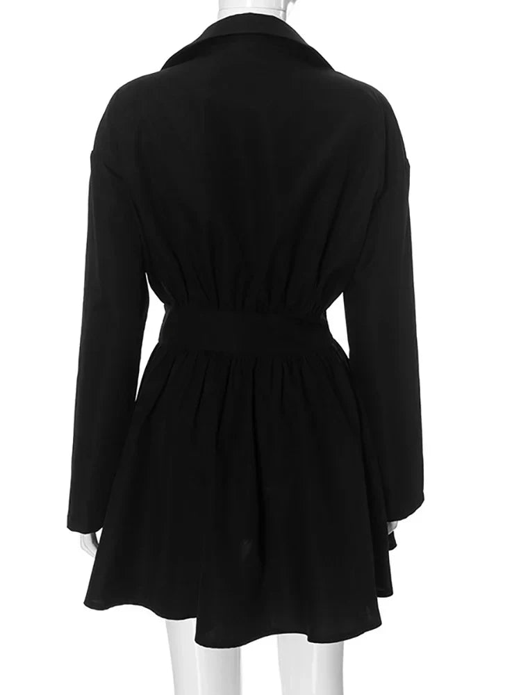 Turn-Down Collar Pleated Mini Party Dress