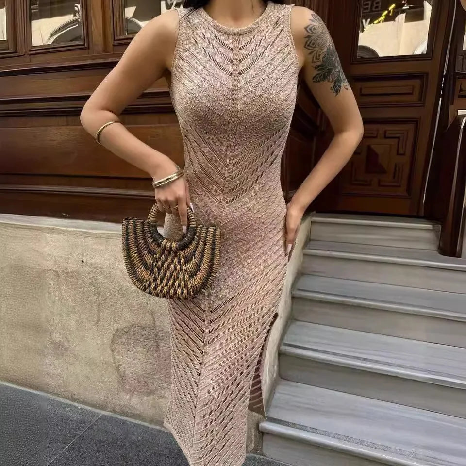 Sleeveless Patchwork Knit Maxi Dress