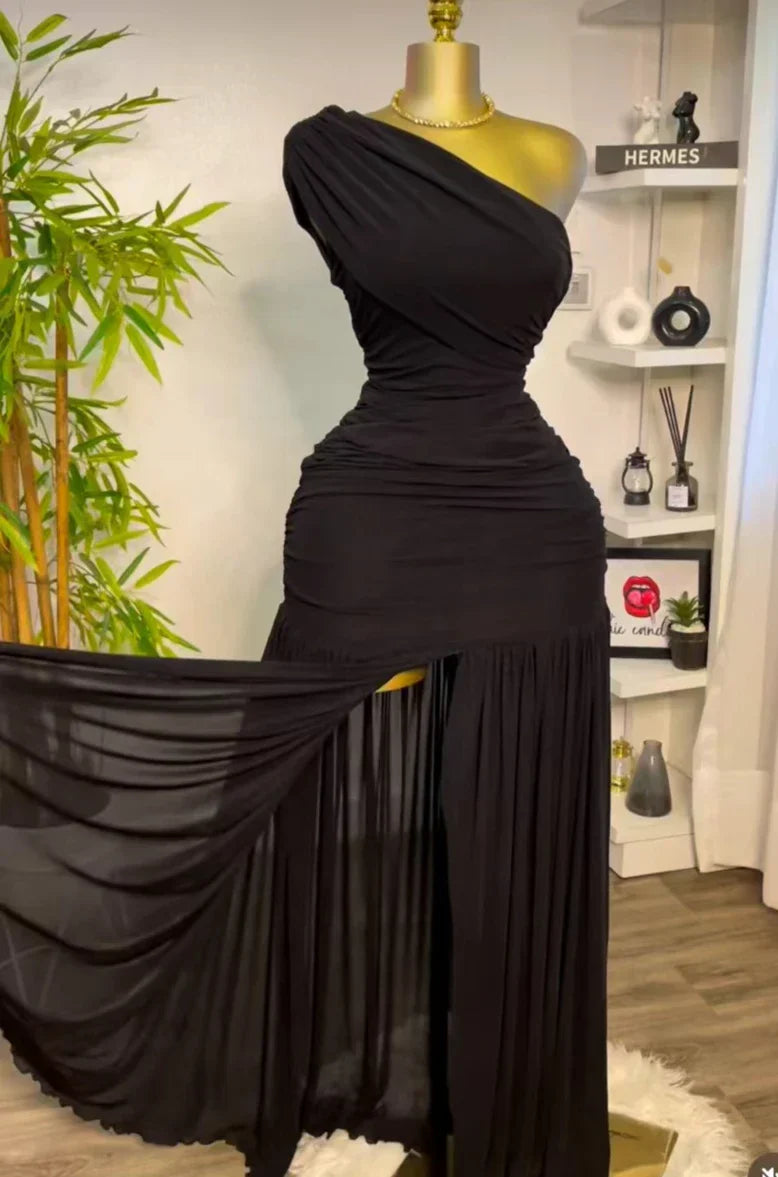 One Shoulder Mesh Sleek Maxi Dress