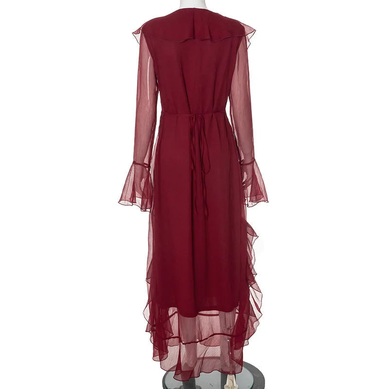 Ruffled Red Flare Sleeve Maxi Dress