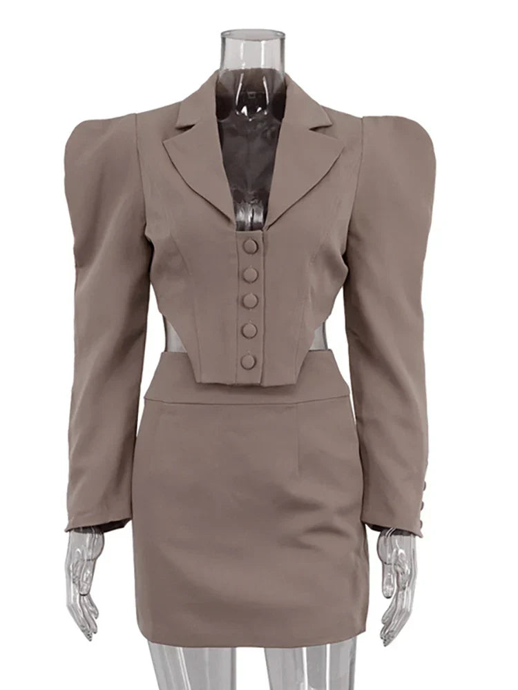 Khaki Turn Down Collar Blazer Suit Mini Dress