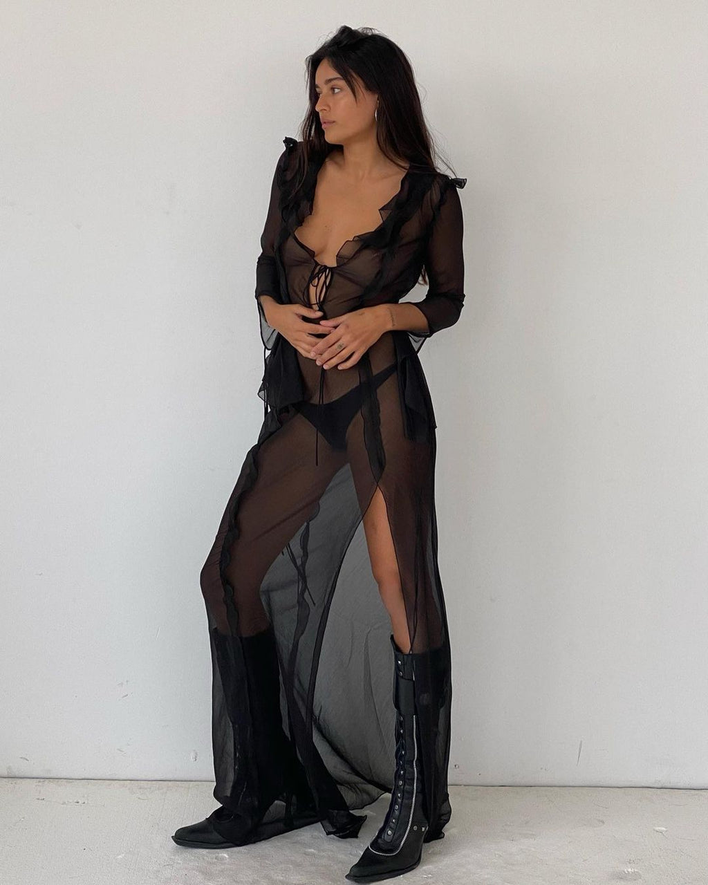 V-Neck Sheer Ruffled Drawstring Maxi Dress