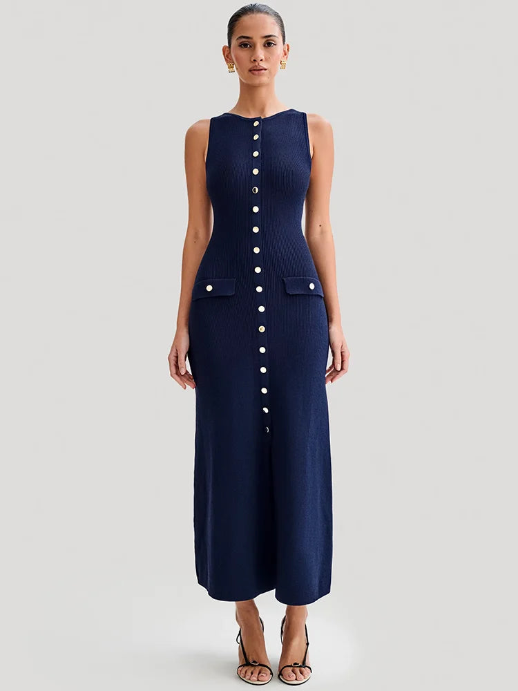 Knit Maxi Dress with Pockets Button Front