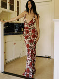 Red Floral Cowl Neck Tie Back Maxi Dress