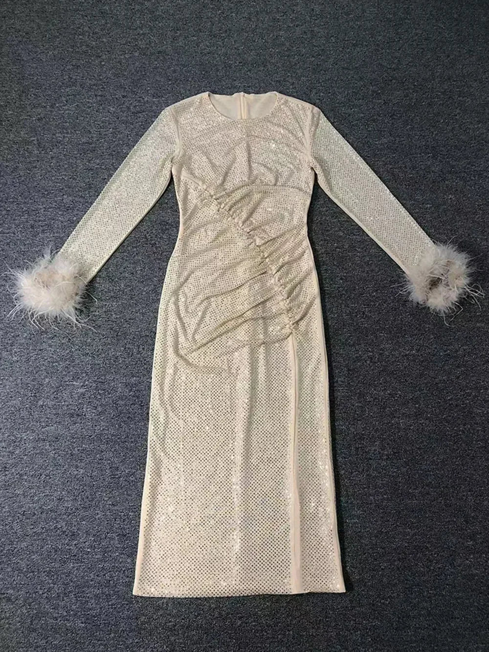 Long Sleeve Feather Rhinestone Midi Party Dress