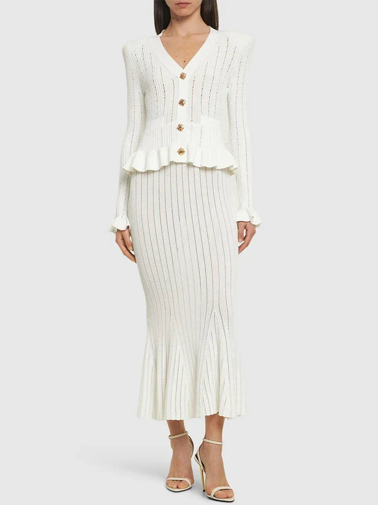 Ruffle Knit Long Sleeve Mermaid Midi Dress