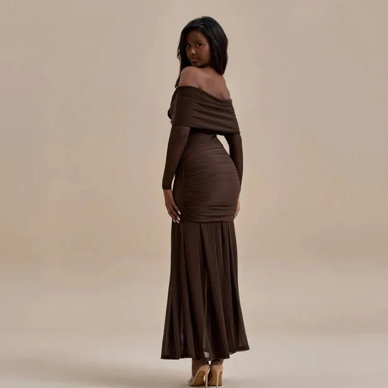 3D Flower Mesh Long Sleeve Fishtail Maxi Dress