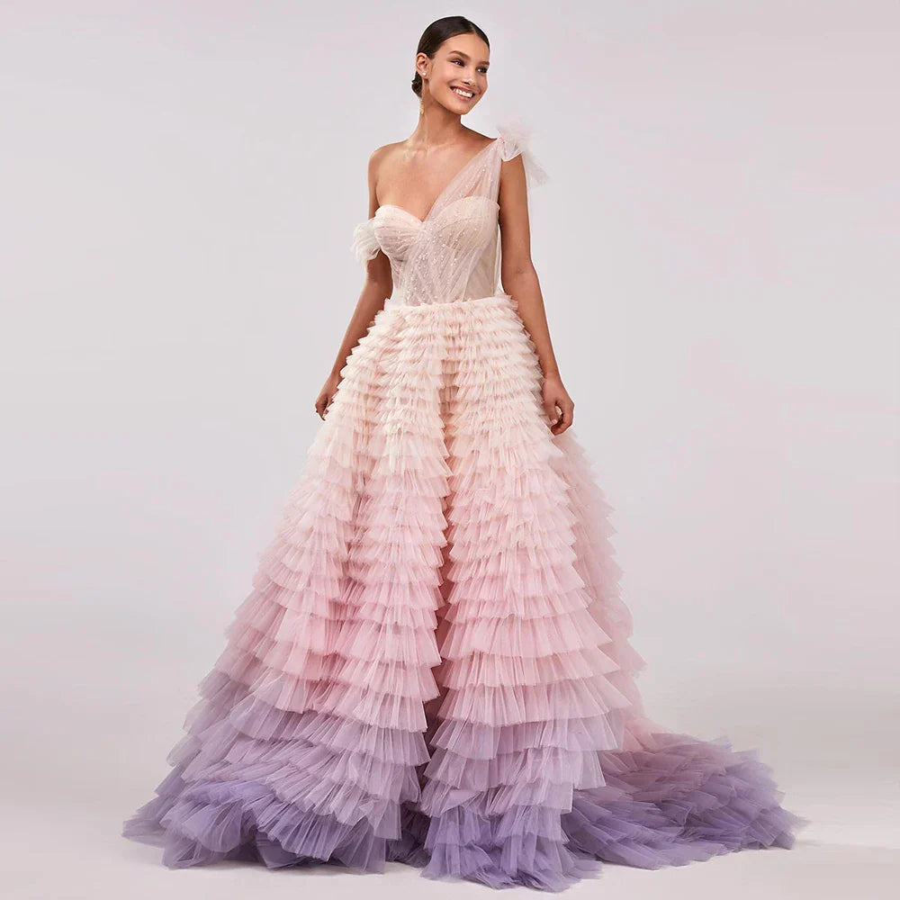 Pink Lilac One Shoulder Ball Gown Party Dress