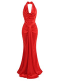 Swing Collar Backless Pleated Red Satin Maxi Dress