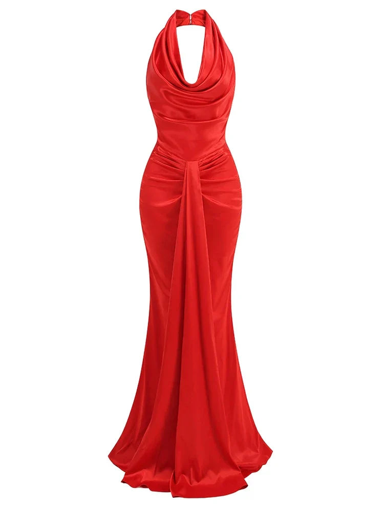 Swing Collar Backless Pleated Red Satin Maxi Dress