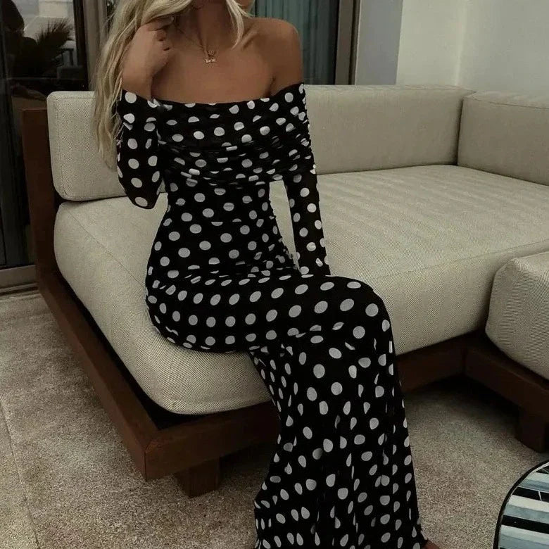 Polka Dots Off Shoulder Long Sleeve Maxi Dress