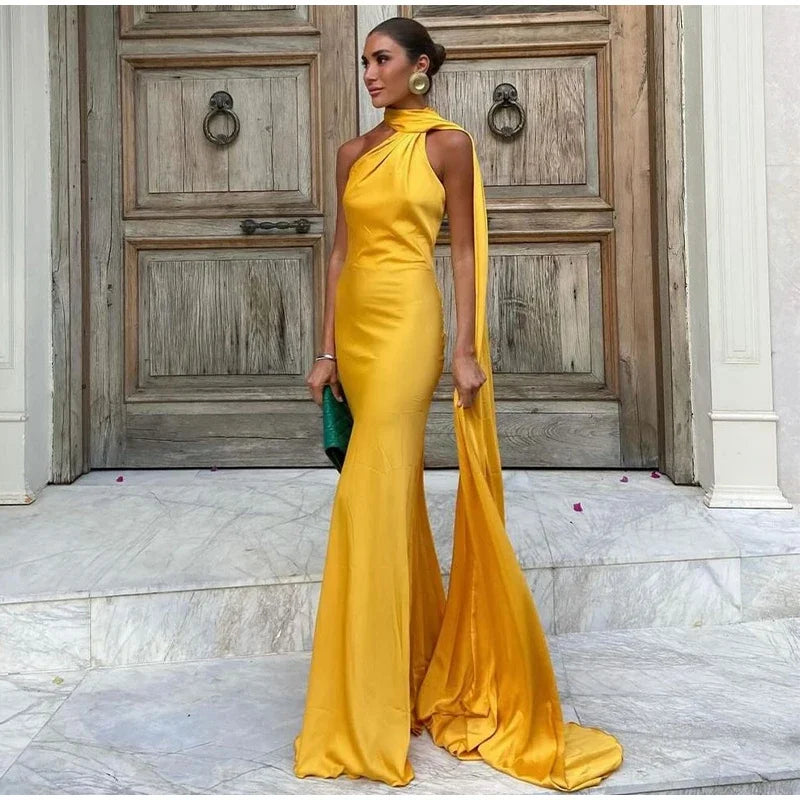 Yellow Satin Backless Lace-Up Off Shoulder Maxi Party Dress