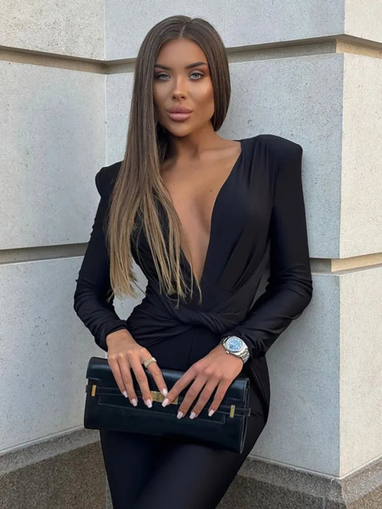 Black Long Sleeve High Waist Jumpsuit Party Dress