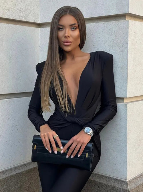 Black Long Sleeve High Waist Jumpsuit Party Dress