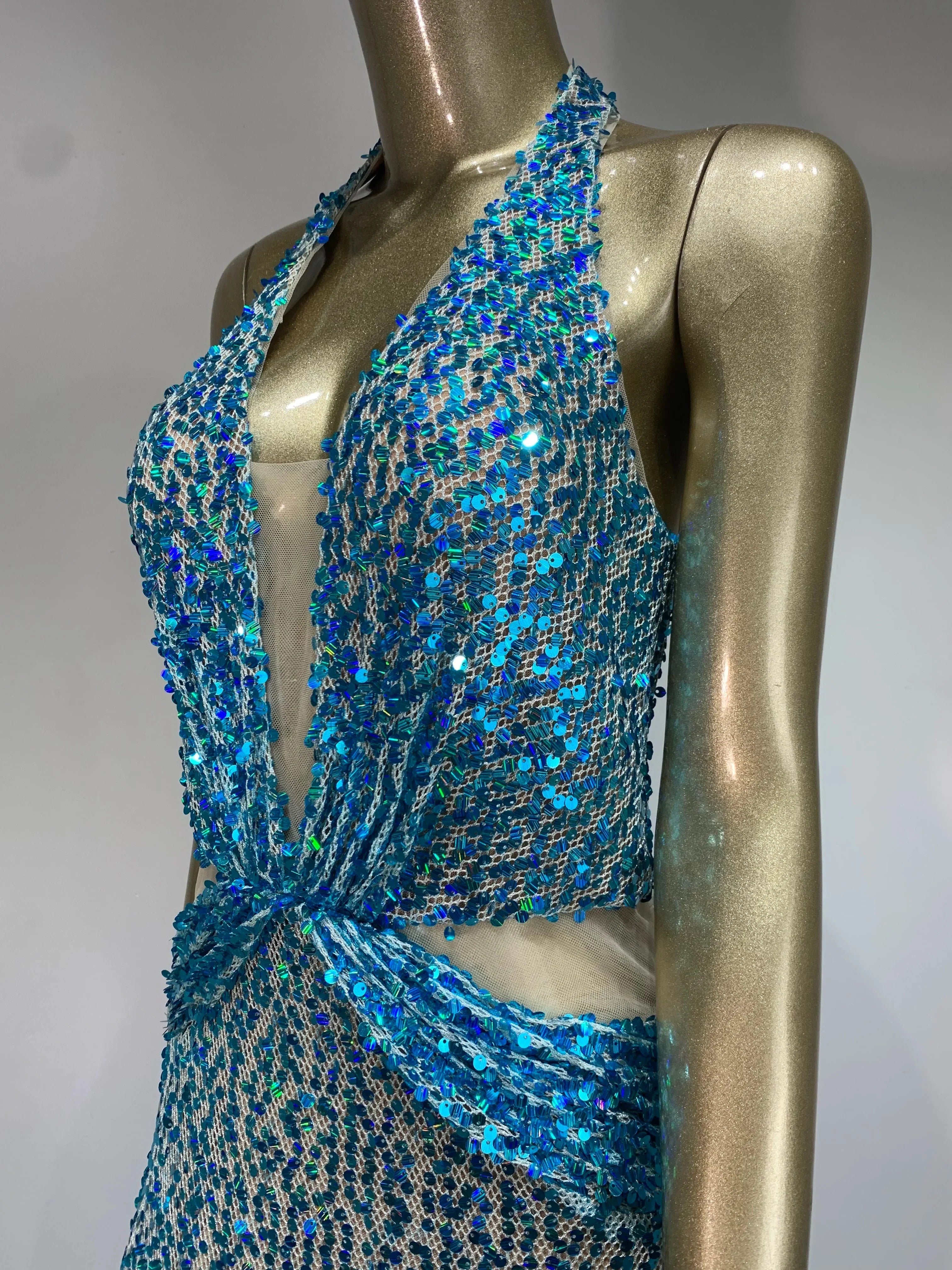 Halter Blue Sequins Glitter Sparkly Maxi Dress